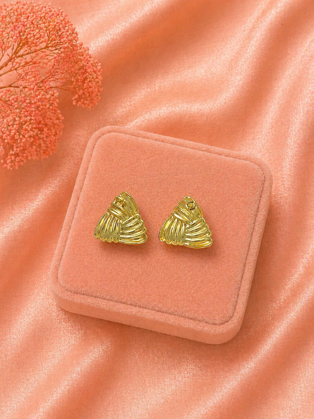 18K Gold Plated Textured Statement Earrings, Stainless Steel Studs, Vintage Minimalist Style