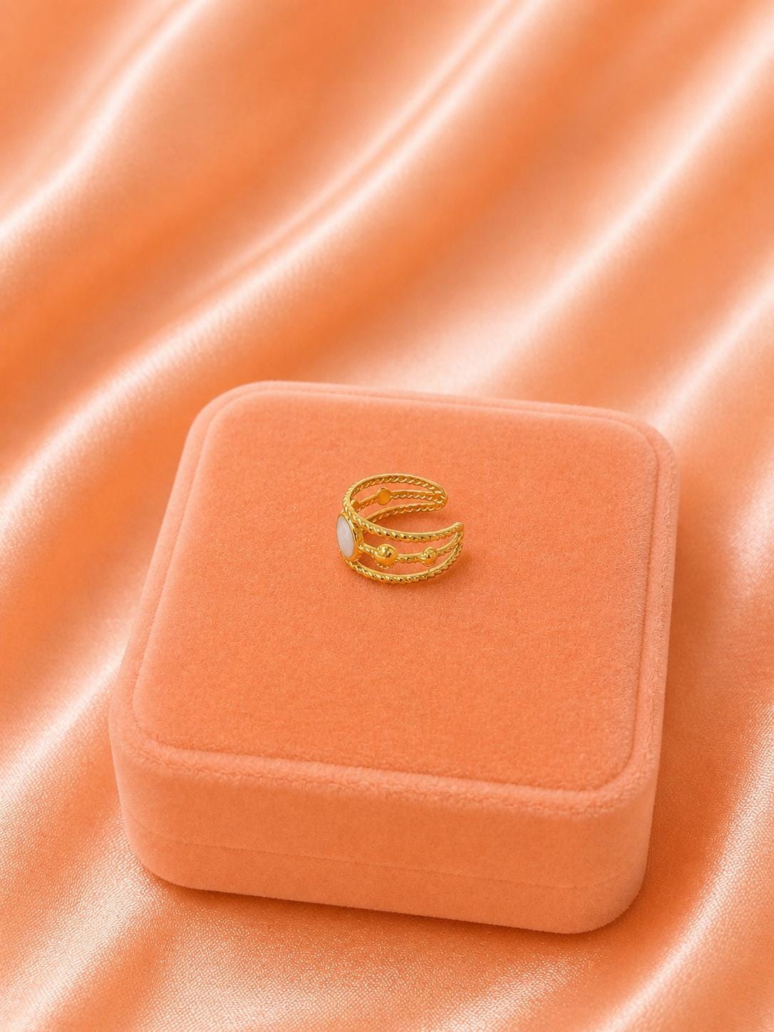 18K Gold Plated Adjustable Ring | Minimalist Layered Band with Stone