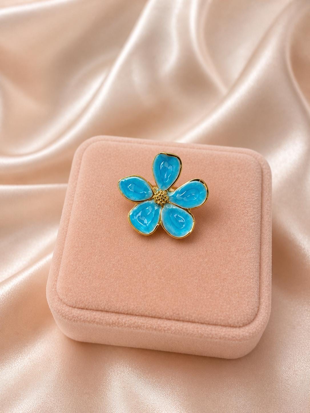 18K Gold Plated Blue Enamel Daisy Flower Ring | Adjustable Statement Jewelry
