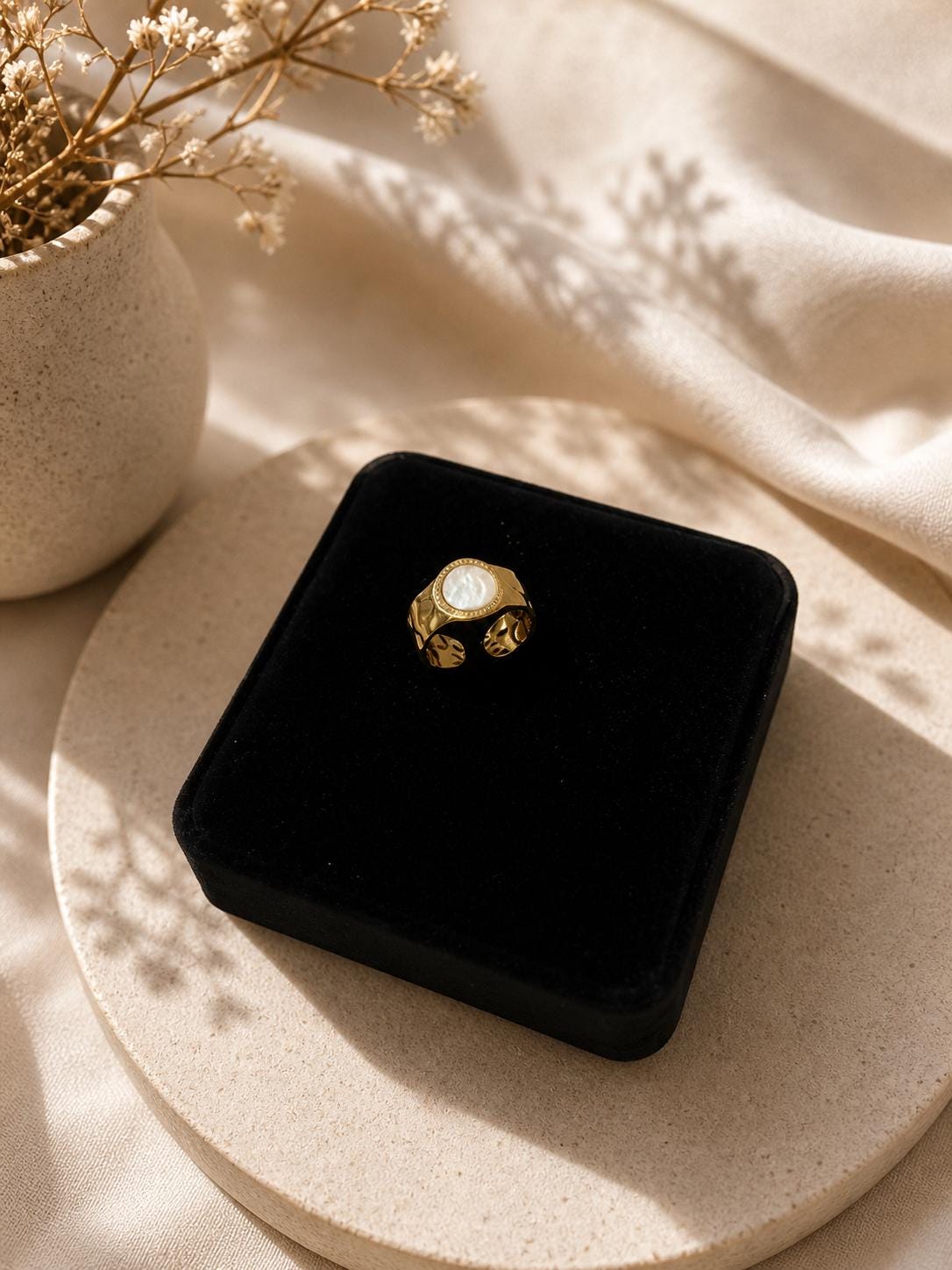 18K Gold Plated Oval Signet Ring, Textured Band, Adjustable Statement Jewelry