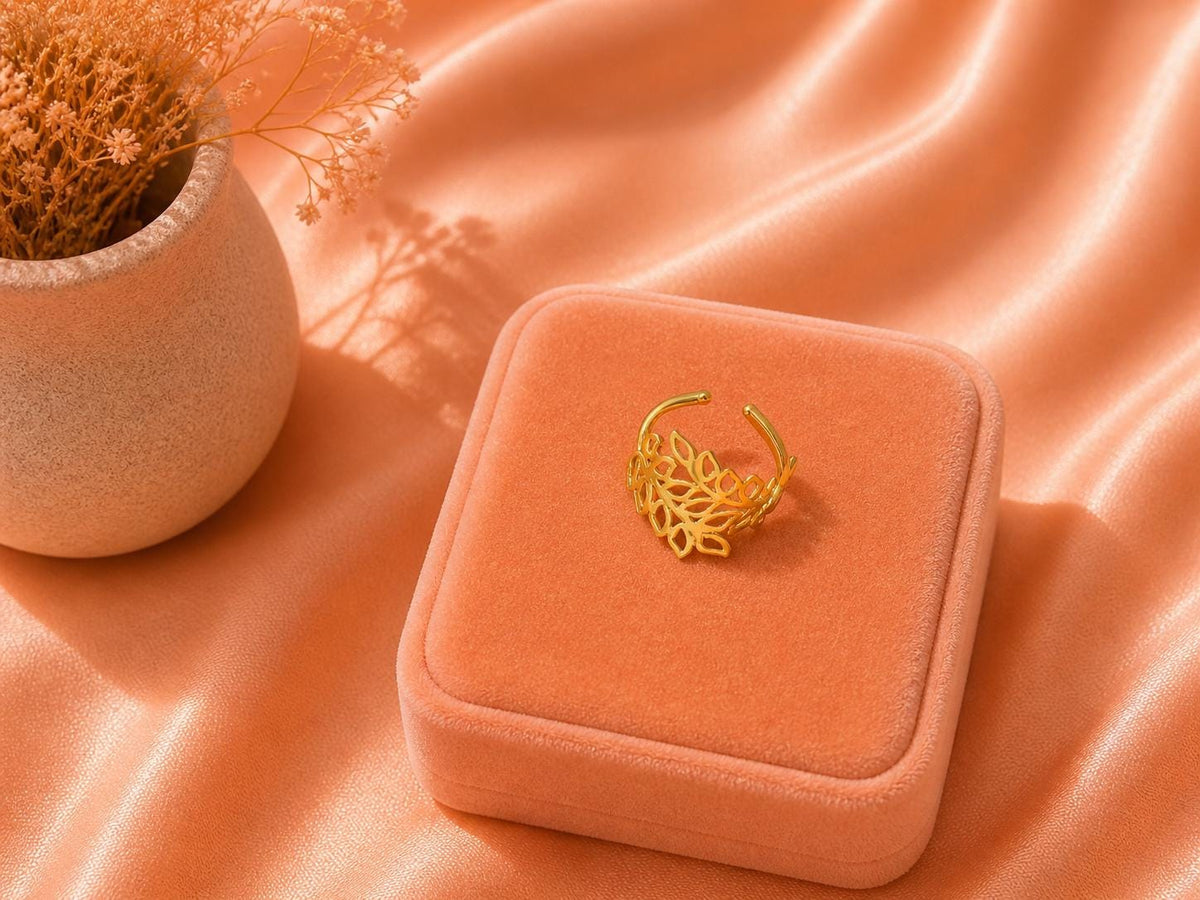 18K Gold Plated Leaf Wrap Ring, Adjustable Nature Inspired Boho Jewelry
