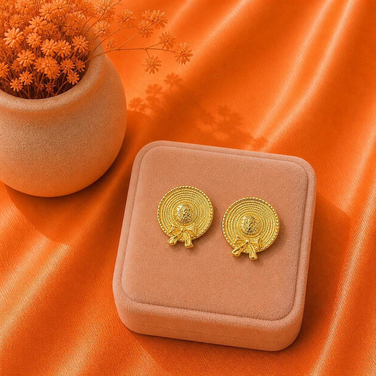 18K Gold Plated Vintage Medallion Earrings, Round Disc Statement Jewelry