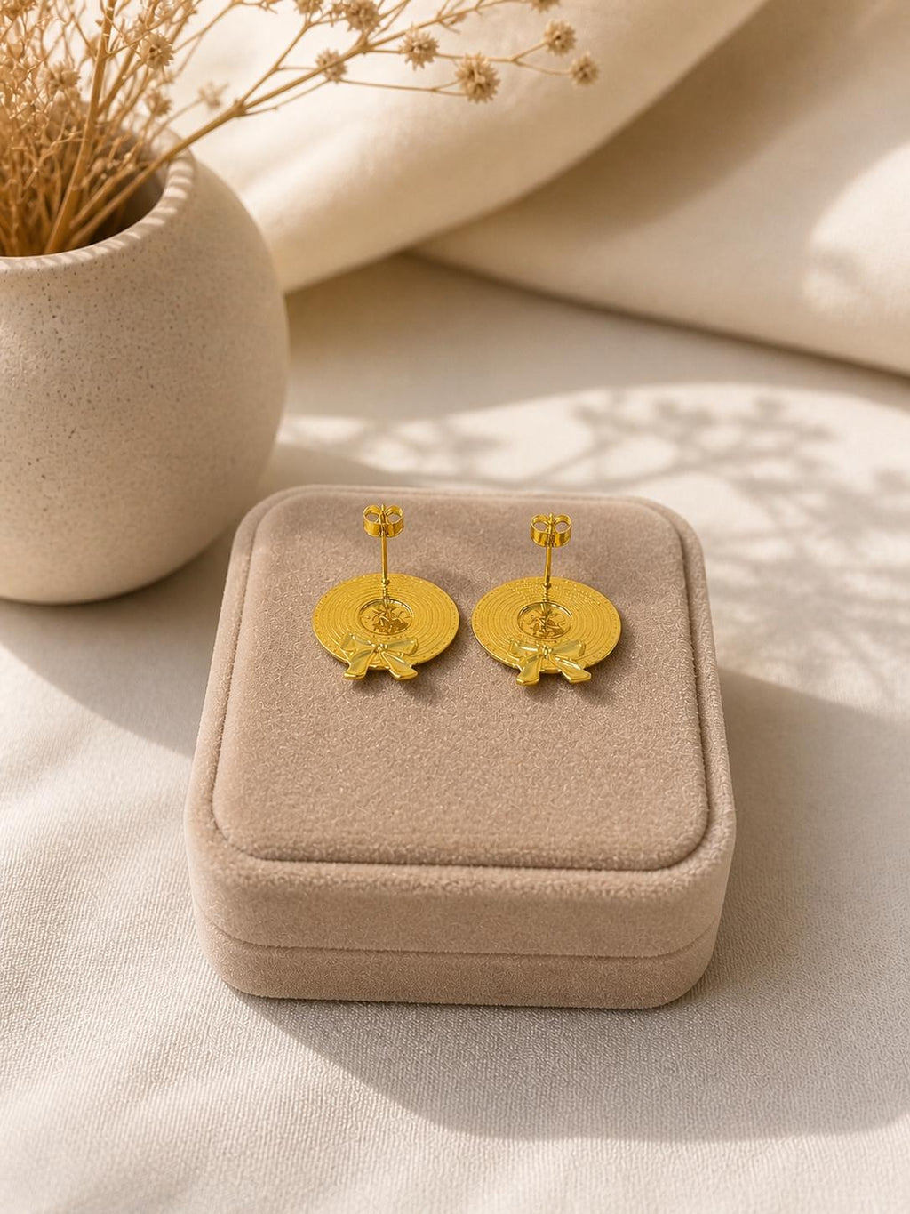 18K Gold Plated Vintage Medallion Earrings, Round Disc Statement Jewelry