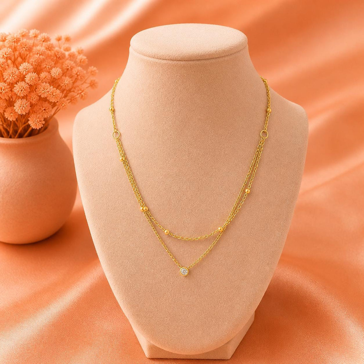 18K Gold Plated Layered Necklace, Dainty Crystal Pendant, Minimalist Double Chain Jewelry