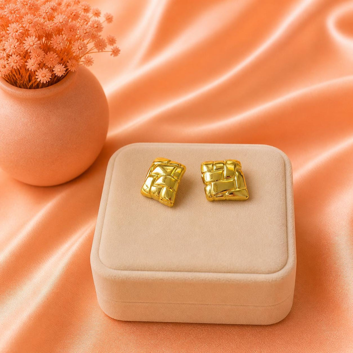 Textured Woven Square Stud Earrings, 18K Gold Plated Stainless Steel