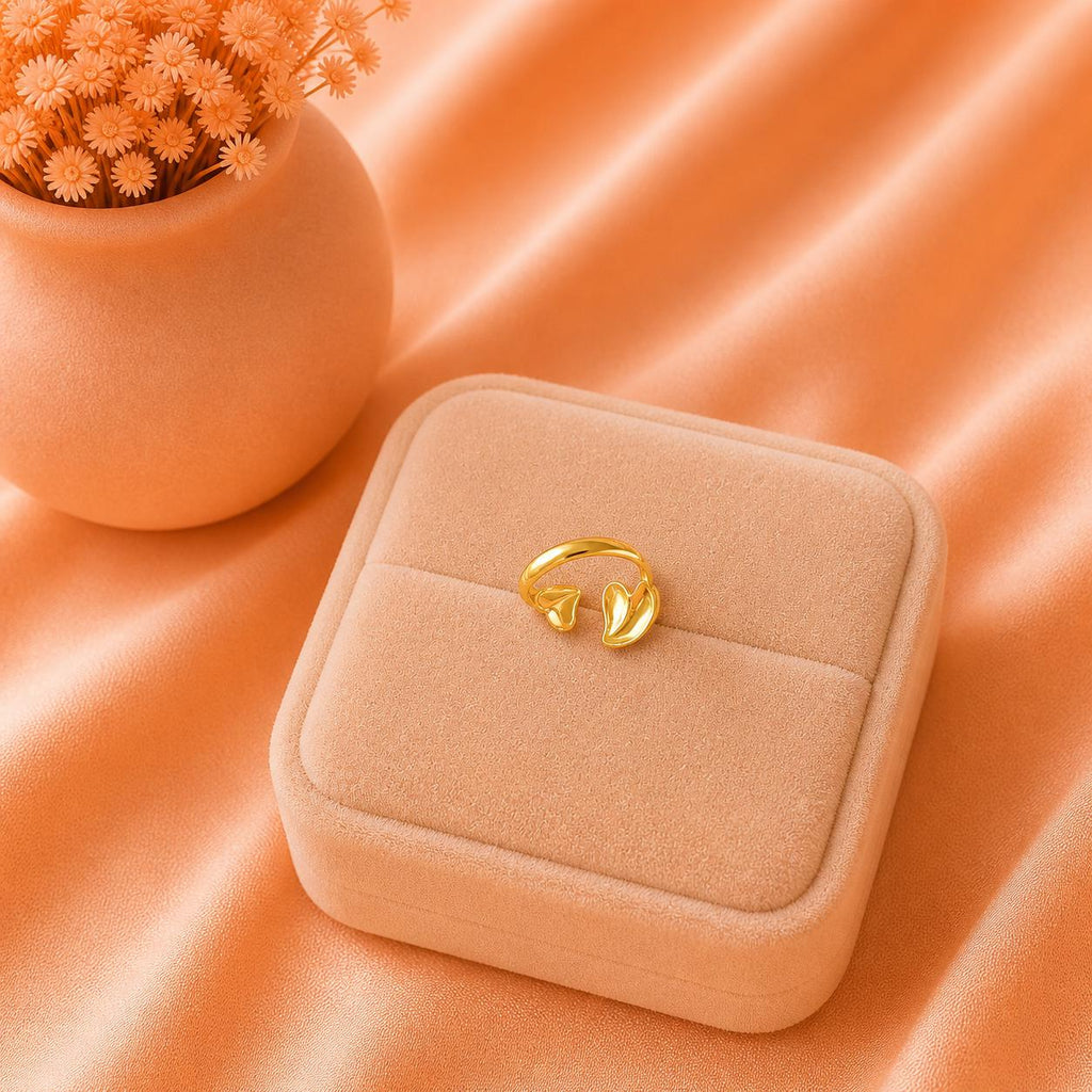18K Gold Plated Double Heart Open Ring, Minimalist Adjustable Love Ring