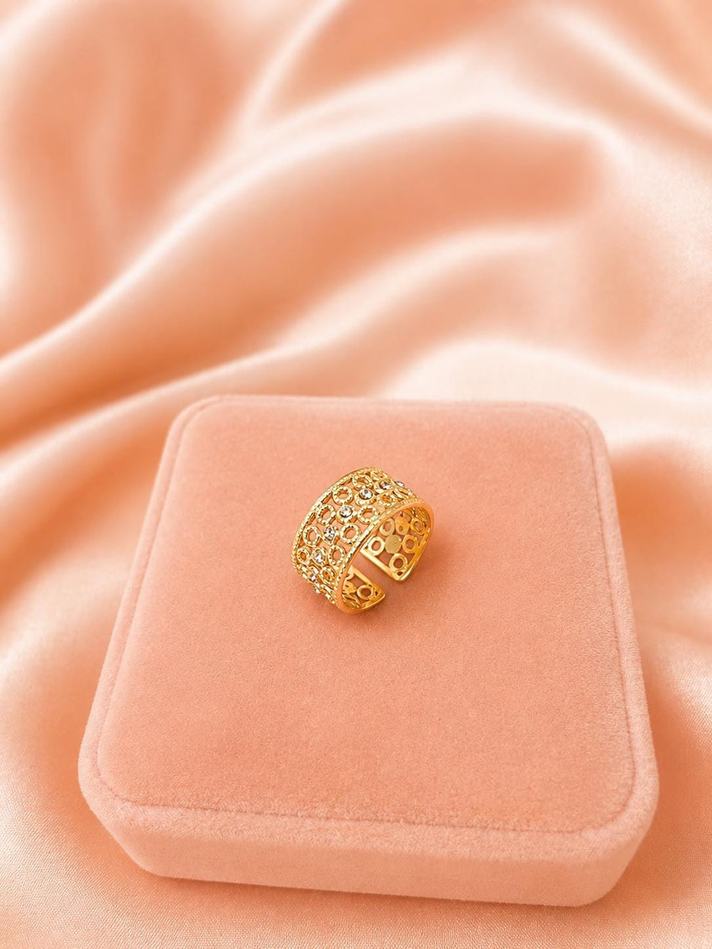 18K Gold Plated Open Band Ring, Cutout Detailing, Adjustable Statement Jewelry