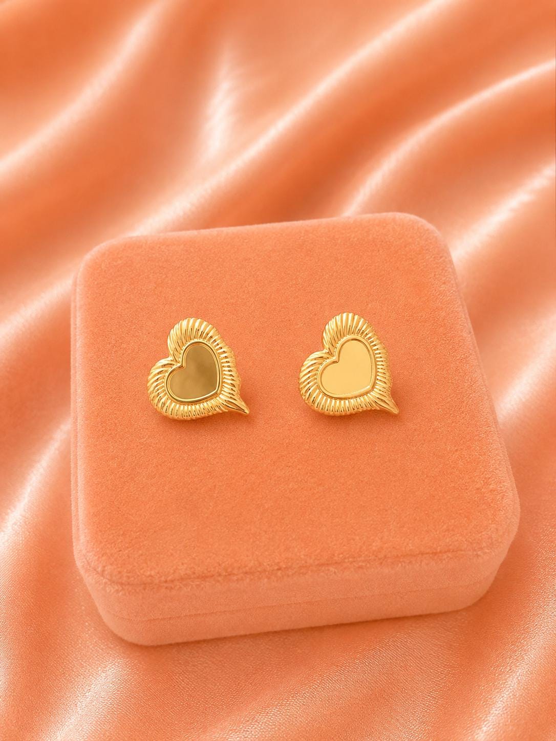 Textured Gold Heart Stud Earrings, 18K Plated Stainless Steel, Romantic Modern Jewelry