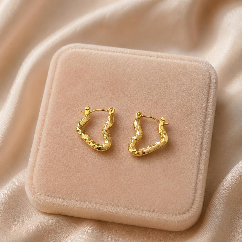 Hammered Gold Organic Hoop Earrings – Minimalist Irregular 18K Gold Plated Stainless Steel Hoops