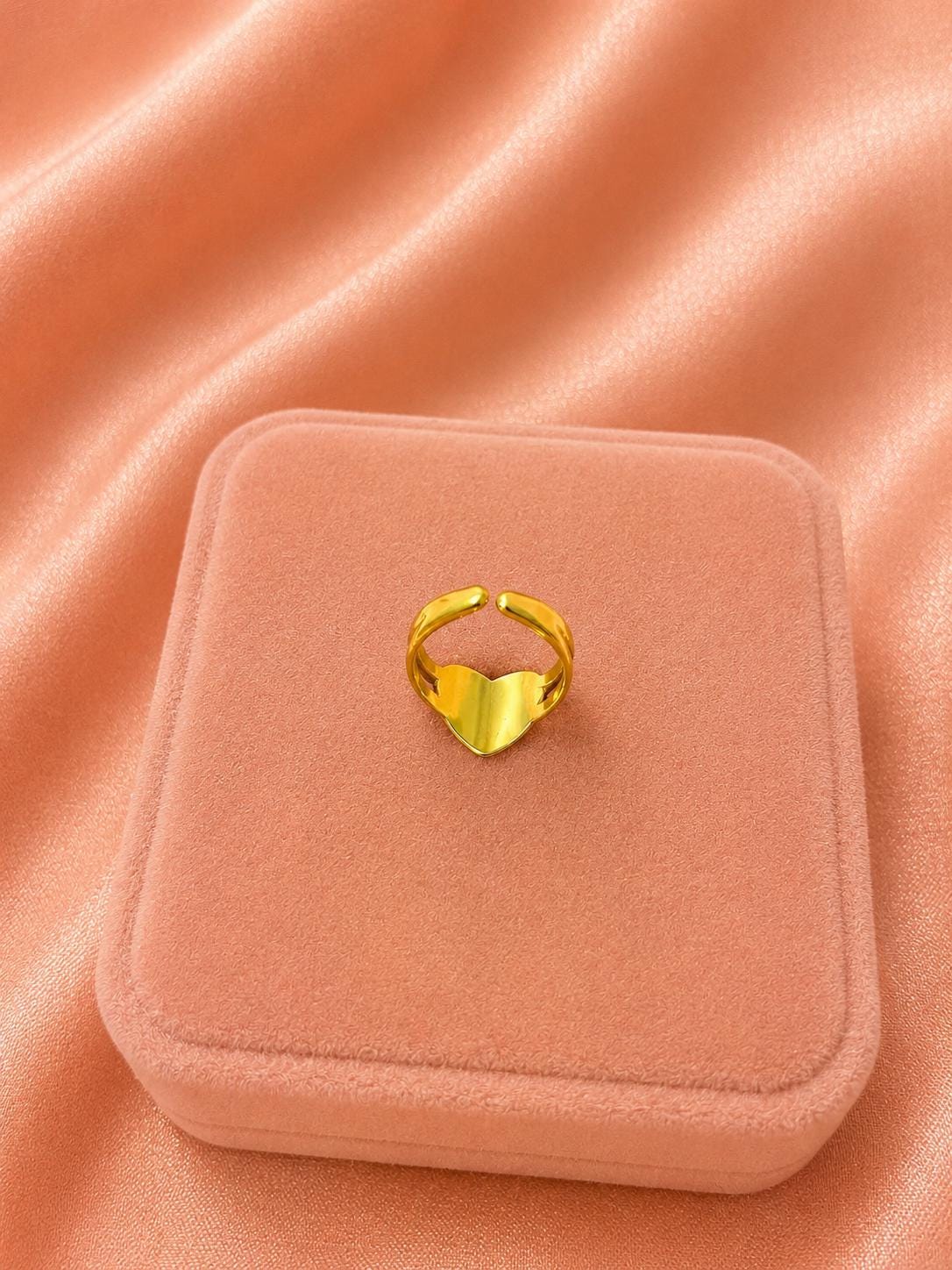 18K Gold Plated Heart Ring, Adjustable Open Band, Minimalist Romantic Jewelry