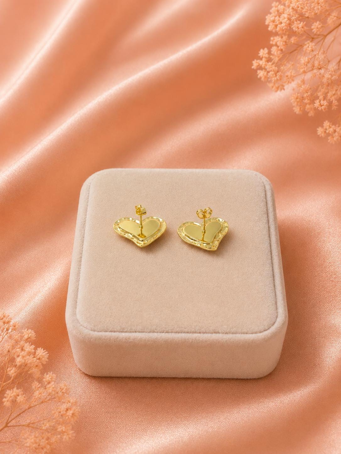 Textured Heart Gold Stud Earrings • 18K Plated Minimalist Romantic Jewelry