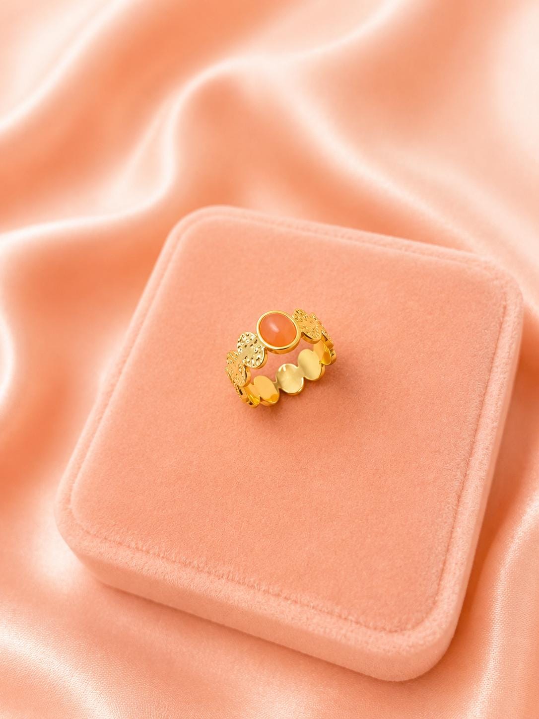 18K Gold Plated Floral Ring, Orange Stone Statement Ring, Vintage Inspired Adjustable Band