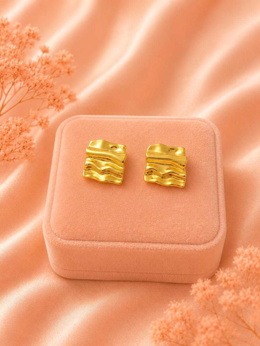 Textured Square Stud Earrings: 18K Gold Plated, Modern Geometric Design