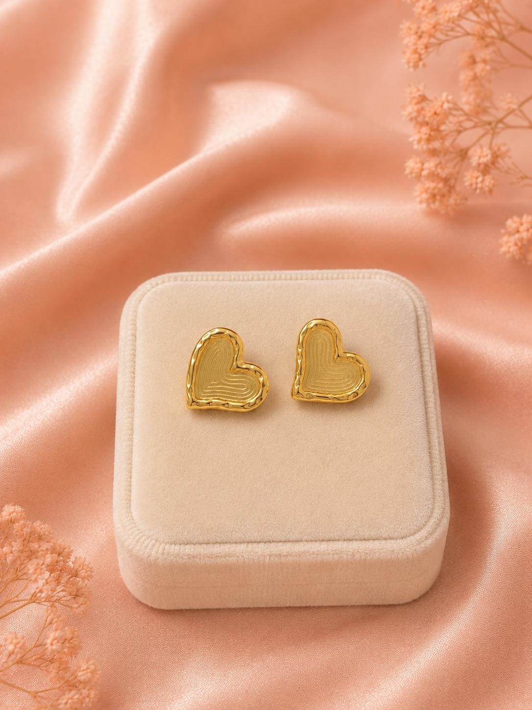Textured Heart Gold Stud Earrings • 18K Plated Minimalist Romantic Jewelry