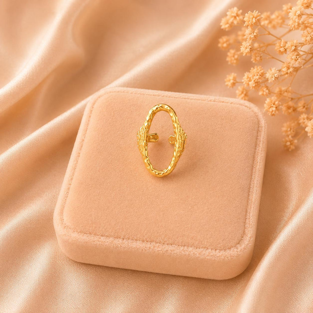 Textured Open Oval Ring: 18K Gold Plated Adjustable Statement Jewelry