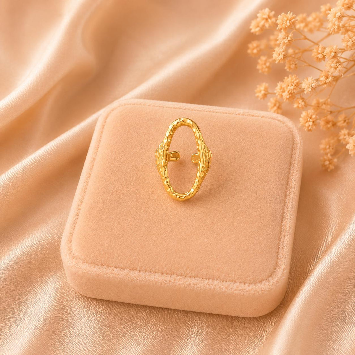 Textured Open Oval Ring: 18K Gold Plated Adjustable Statement Jewelry