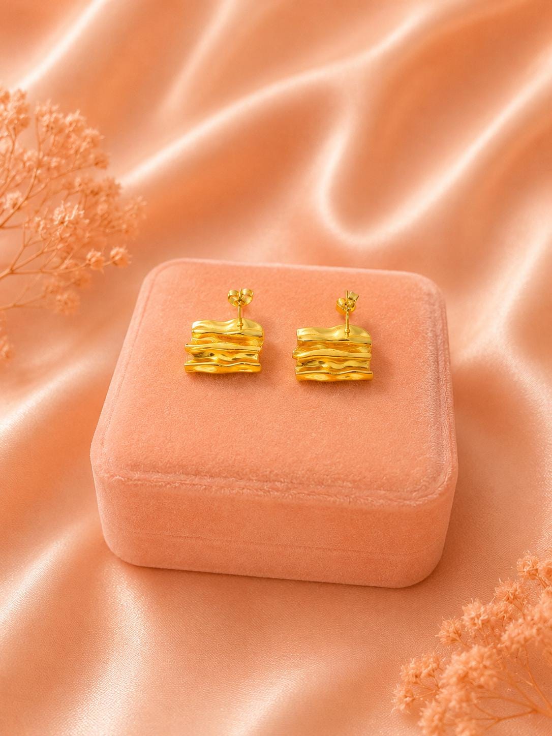 Textured Square Stud Earrings: 18K Gold Plated, Modern Geometric Design