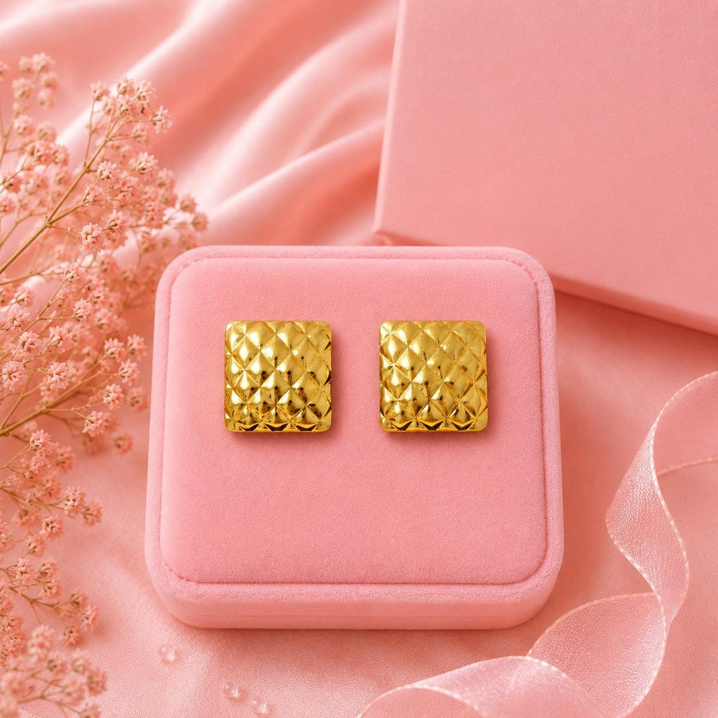 18K Gold Plated Square Stud Earrings, Textured Geometric Jewelry