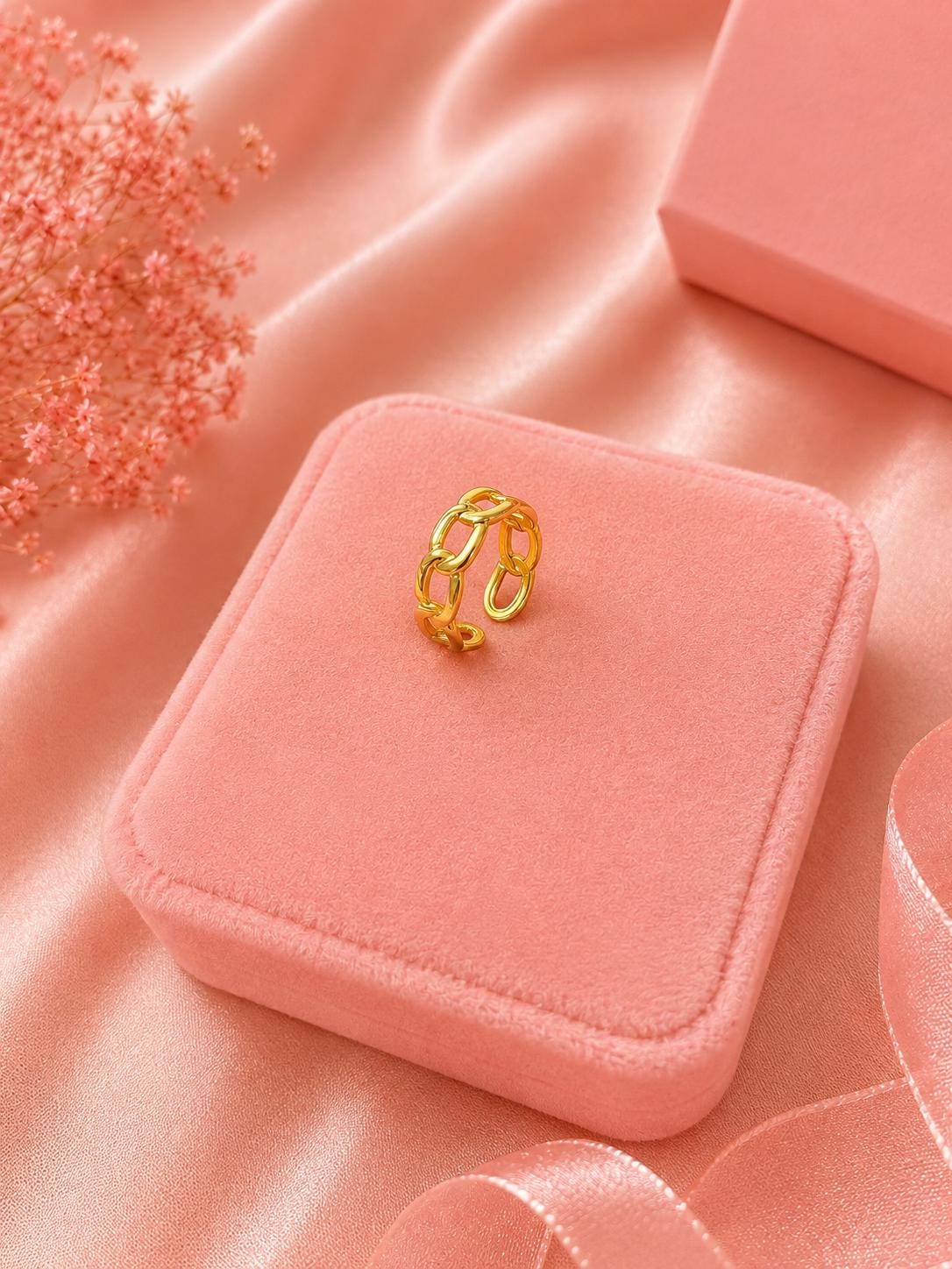 18K Gold Plated Chain Link Ring, Adjustable Open Band, Minimalist Statement Jewelry