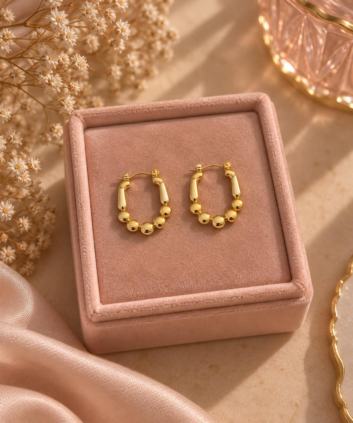 18K Gold Plated Beaded Hoop Earrings, Oval Ball Detail, Modern Statement Jewelry