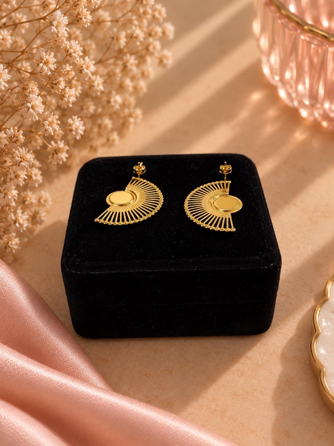 18K Gold Plated Sunburst Fan Earrings, Geometric Boho Studs