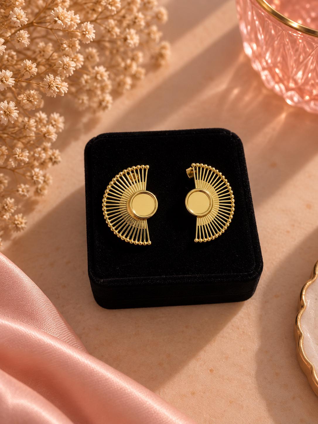 18K Gold Plated Sunburst Fan Earrings, Geometric Boho Studs