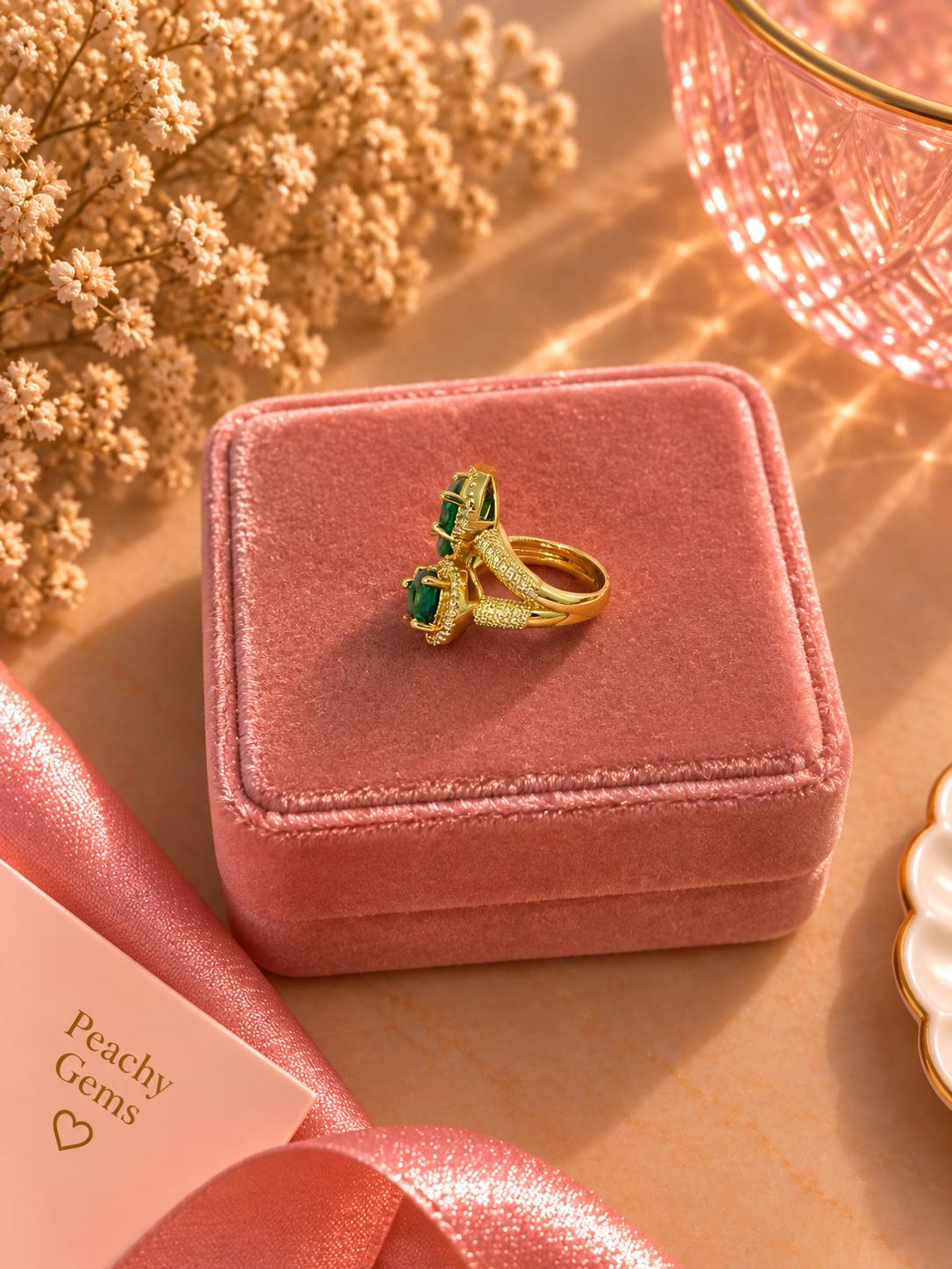 18K Gold Plated Emerald Style Ring, Adjustable Green Stone Statement Ring