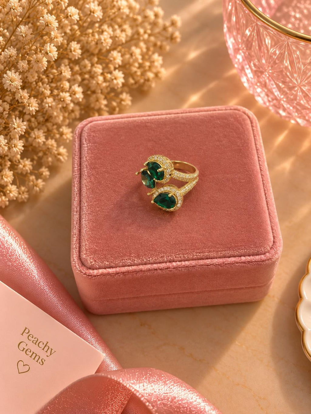 18K Gold Plated Emerald Style Ring, Adjustable Green Stone Statement Ring
