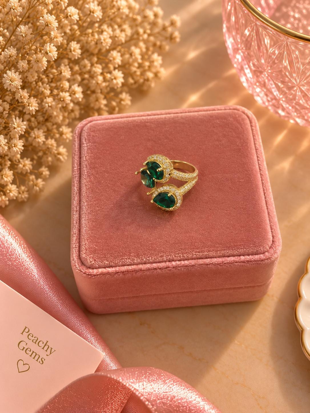 18K Gold Plated Emerald Style Ring, Adjustable Green Stone Statement Ring
