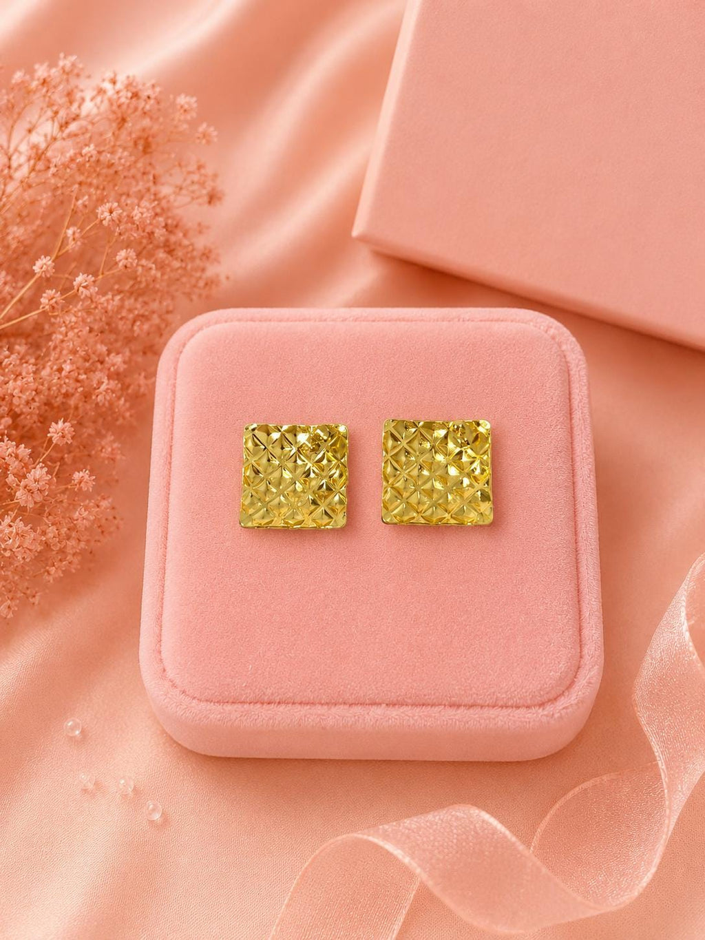18K Gold Plated Square Stud Earrings, Textured Geometric Jewelry