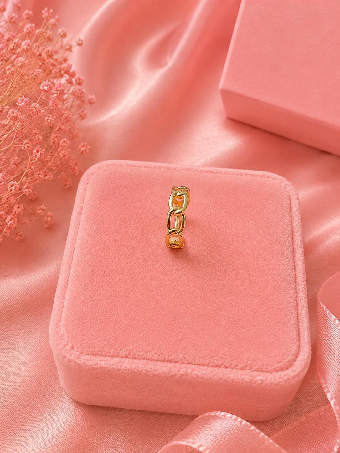 18K Gold Plated Chain Link Ring, Adjustable Open Band, Minimalist Statement Jewelry
