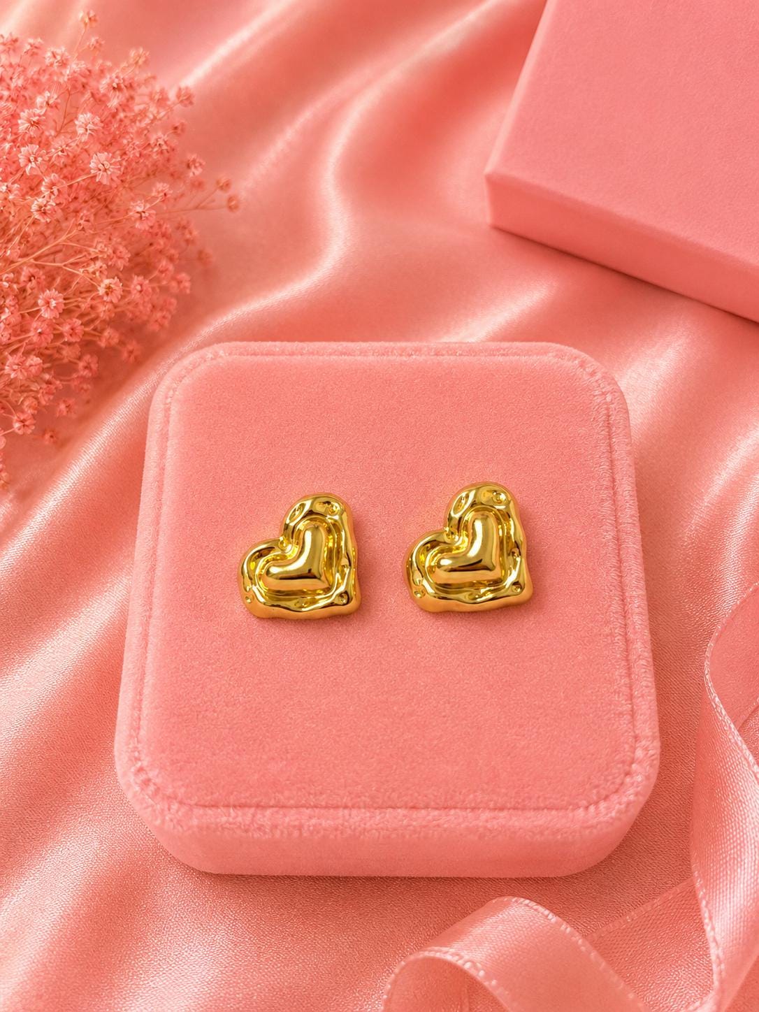 18K Gold Plated Puffy Heart Stud Earrings, Sculpted Statement Jewelry