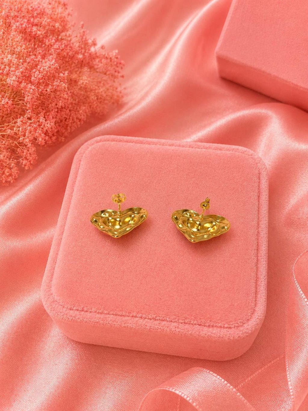 18K Gold Plated Puffy Heart Stud Earrings, Sculpted Statement Jewelry