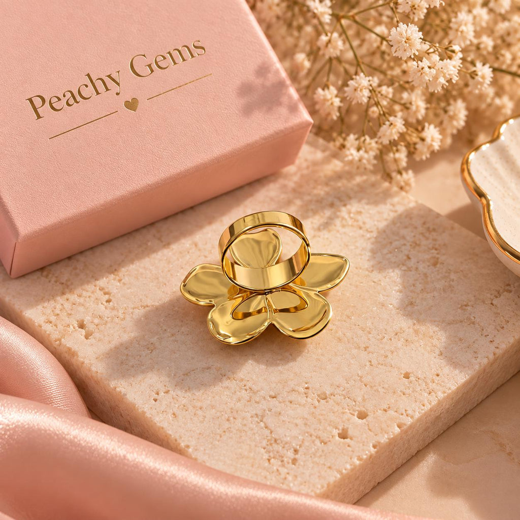 18K Gold Plated Flower Ring: White Petal Statement Adjustable Floral Jewelry