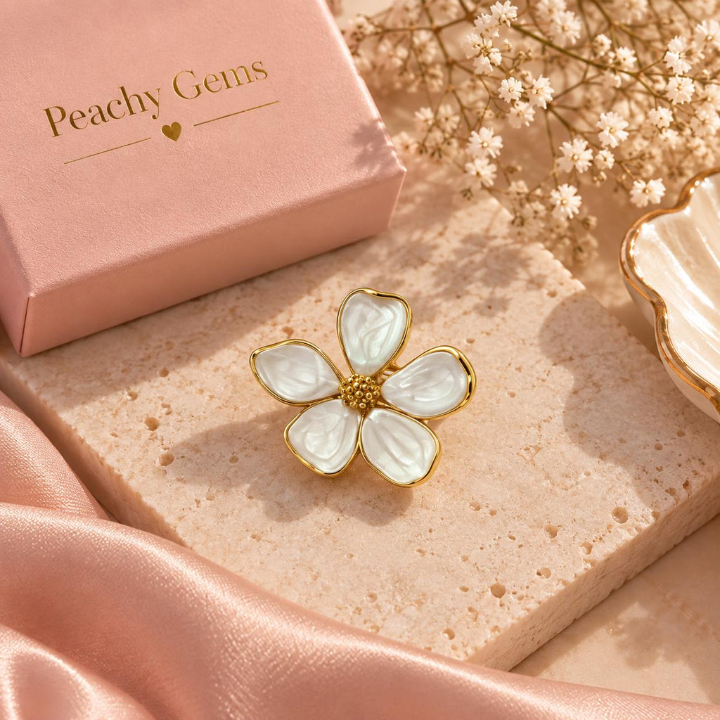 18K Gold Plated Flower Ring: White Petal Statement Adjustable Floral Jewelry