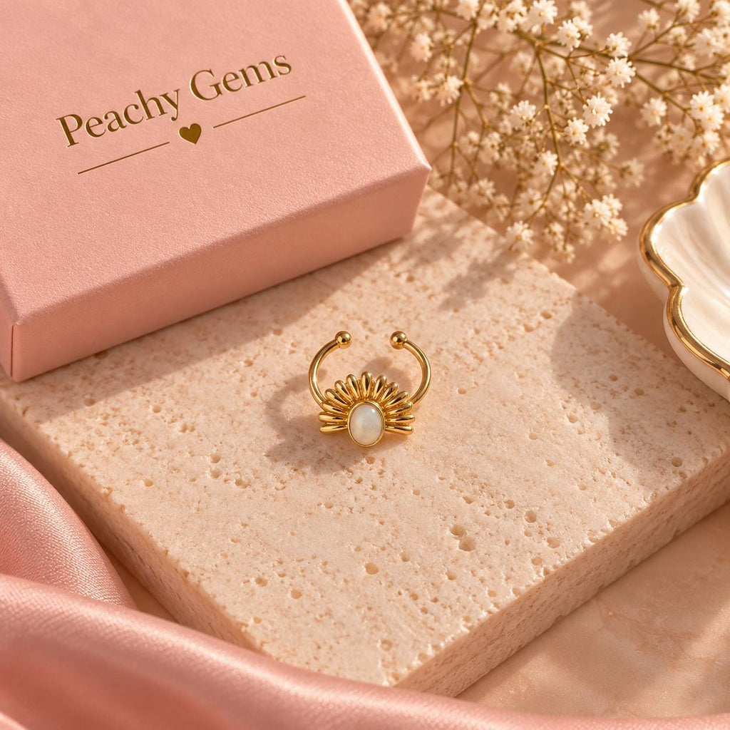 18K Gold Plated Sunburst Ring – Adjustable Open Boho Jewelry with White Stone