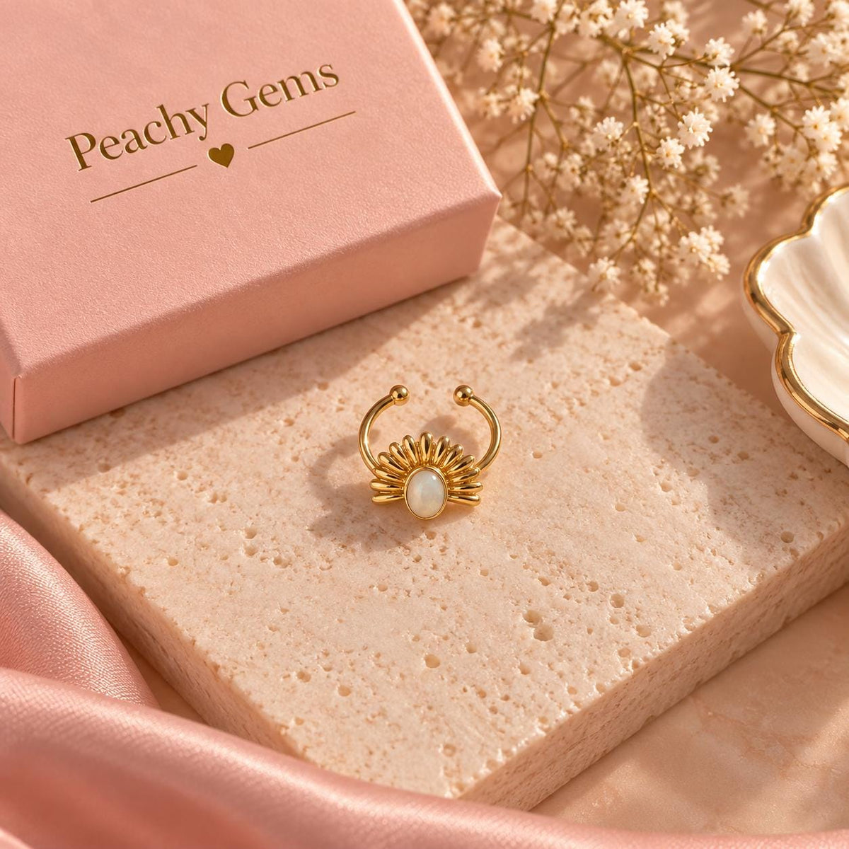 18K Gold Plated Sunburst Ring – Adjustable Open Boho Jewelry with White Stone
