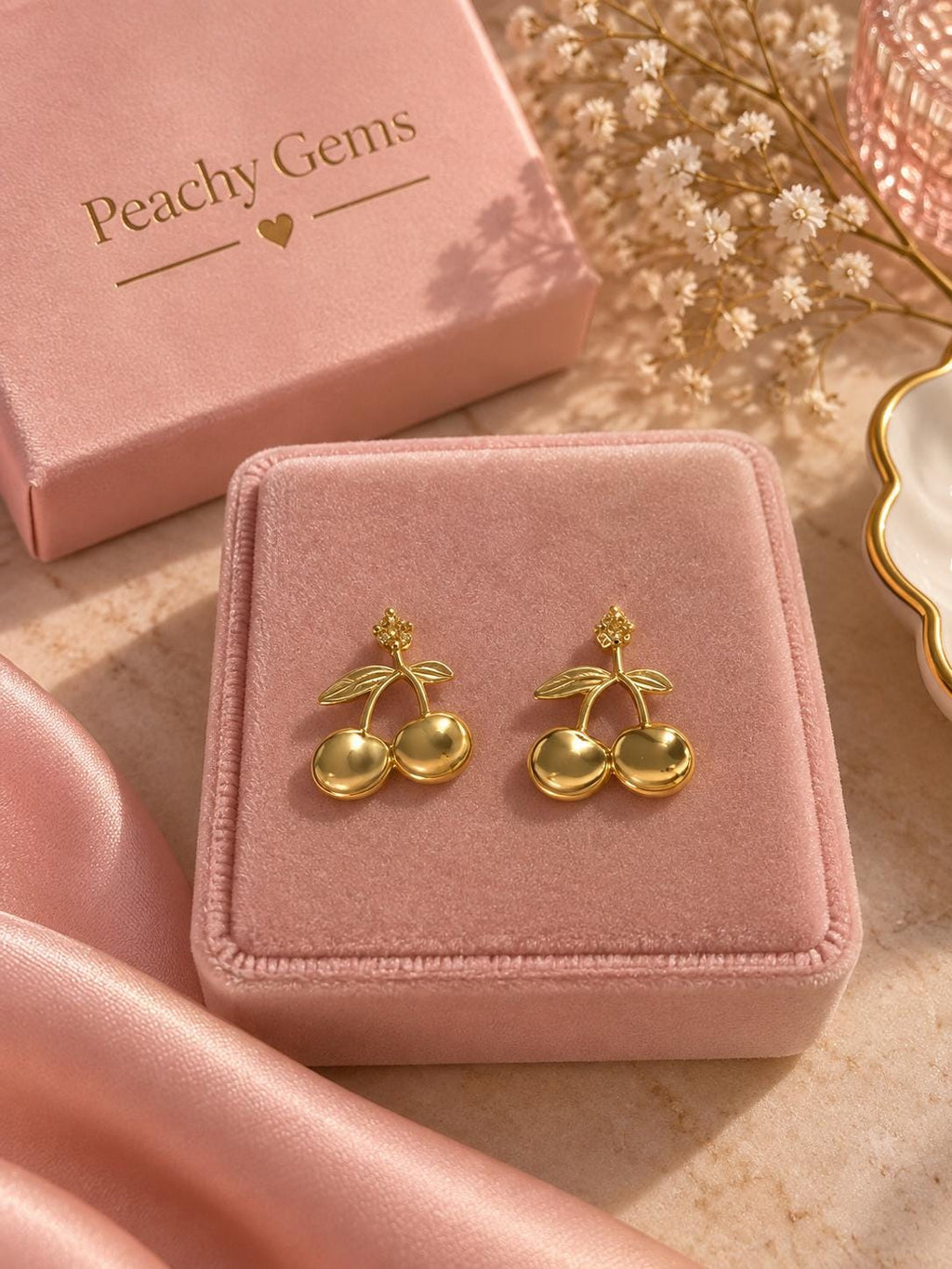 18K Gold Plated Cherry Stud Earrings – Stainless Steel Fruit Jewelry