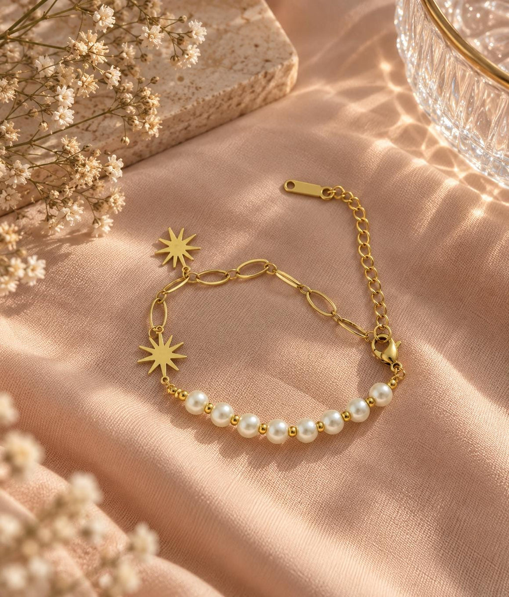 18K Gold Plated Pearl Star Charm Bracelet, Minimalist Adjustable Jewelry