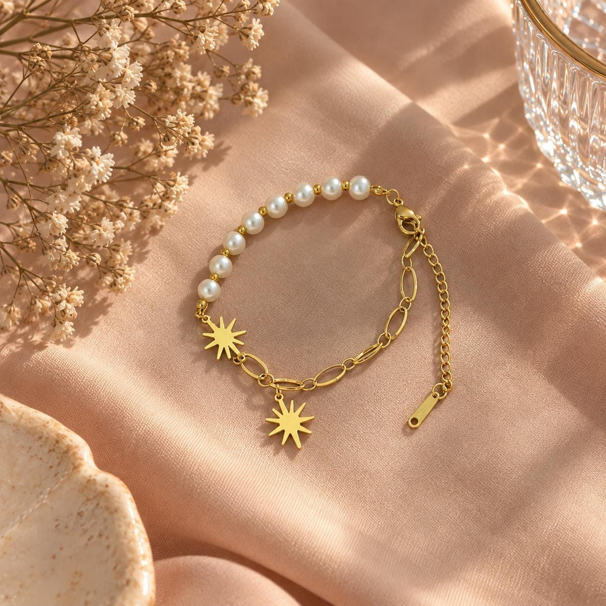 18K Gold Plated Pearl Star Charm Bracelet, Minimalist Adjustable Jewelry
