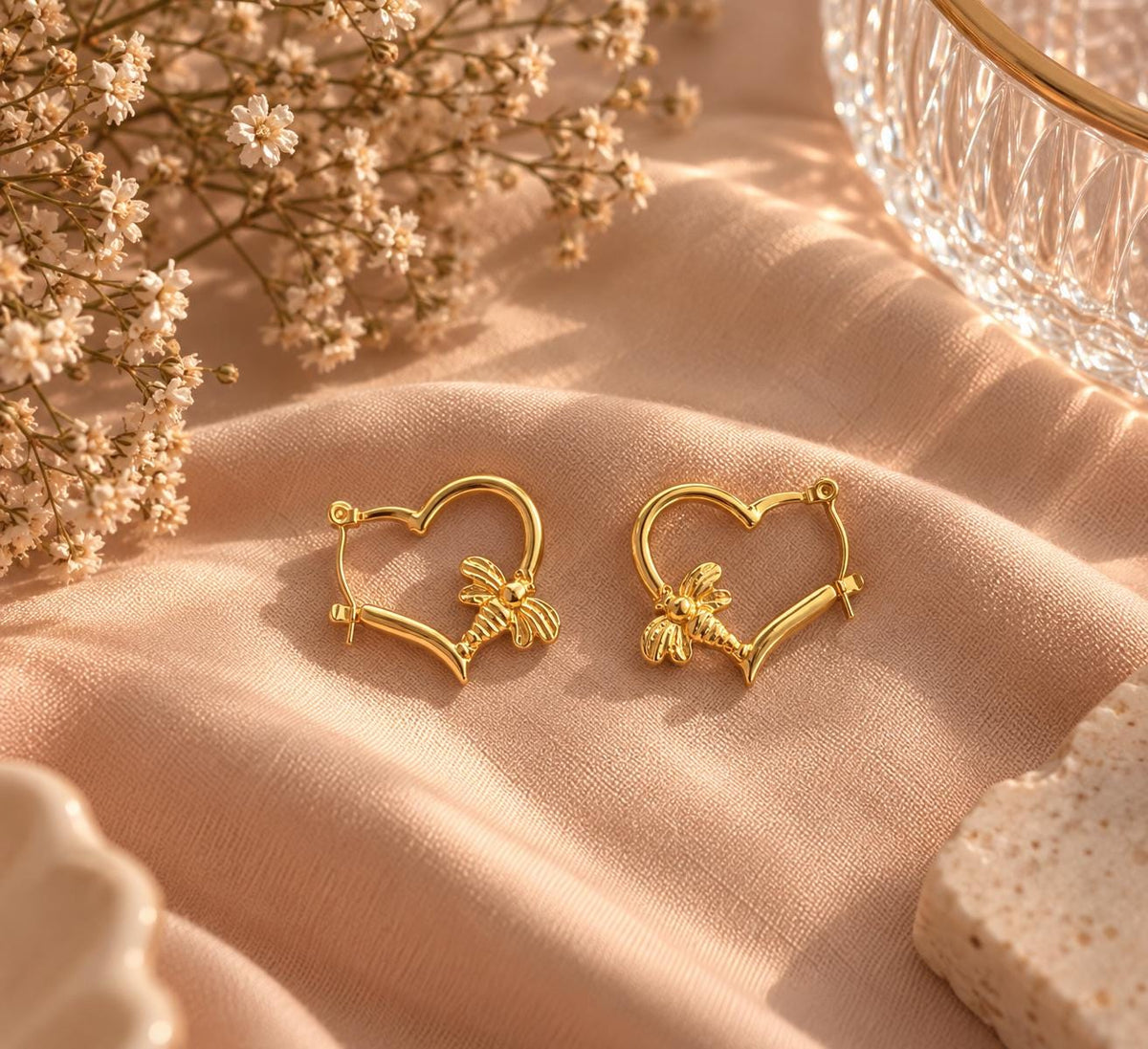 18K Gold Plated Heart Hoop Earrings – Minimalist Bow Detail Tarnish Resistant Jewelry