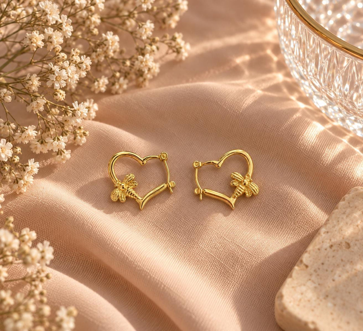 18K Gold Plated Heart Hoop Earrings – Minimalist Bow Detail Tarnish Resistant Jewelry
