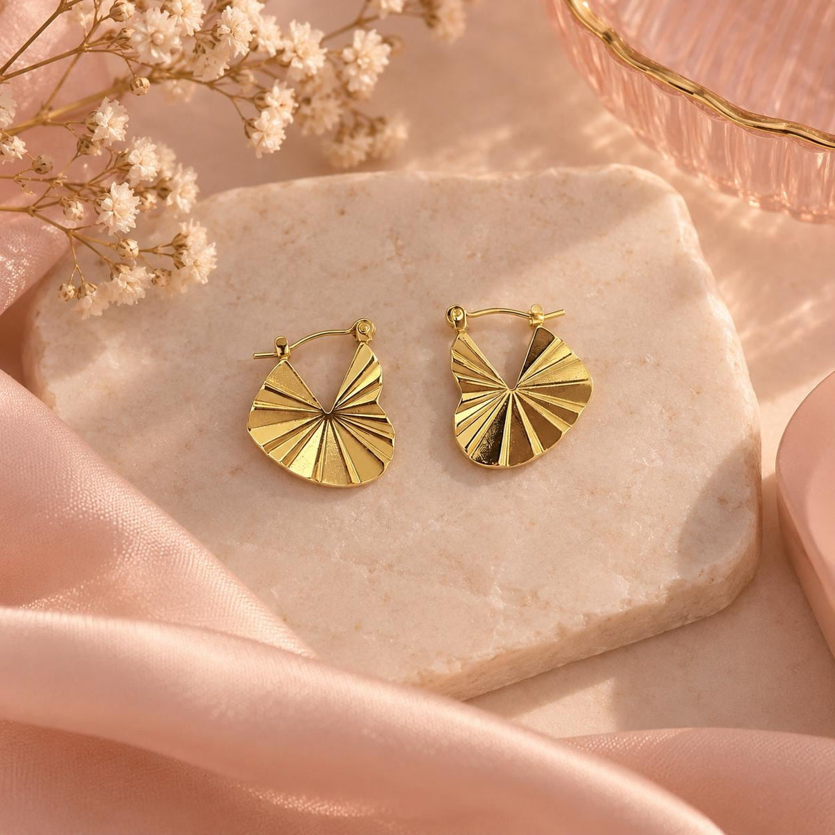 Textured Gold Fan Earrings, 18K Plated Sunburst Statement Jewelry