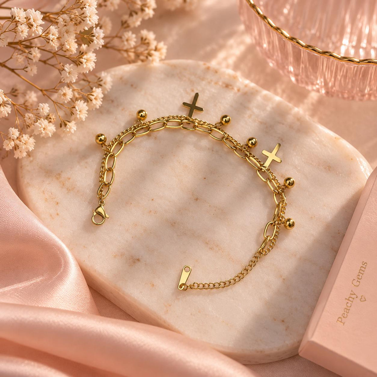 18K Gold Plated Cross Bracelet – Layered Chain Religious Jewelry