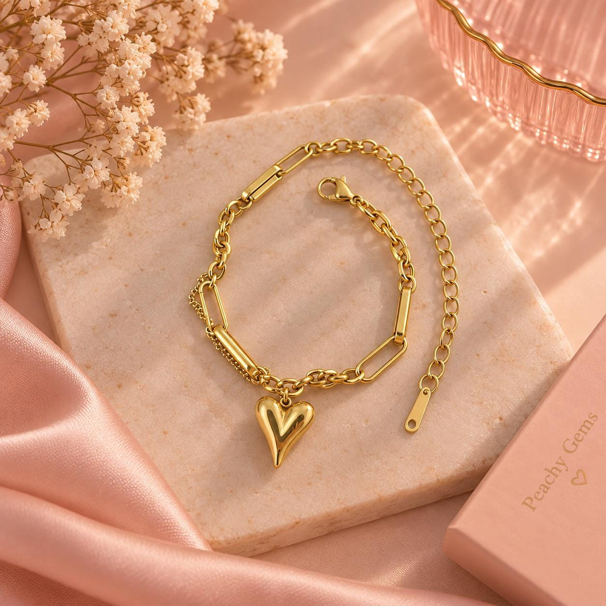 18K Gold Plated Heart Charm Bracelet | Minimalist Chain Jewelry
