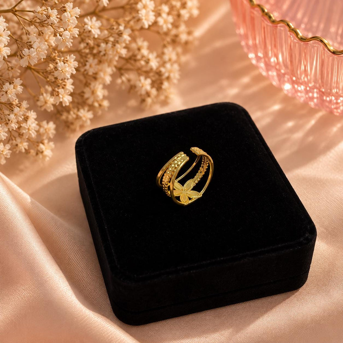18K Gold Plated Flower Ring | Adjustable Open Band, Minimalist Floral Jewelry