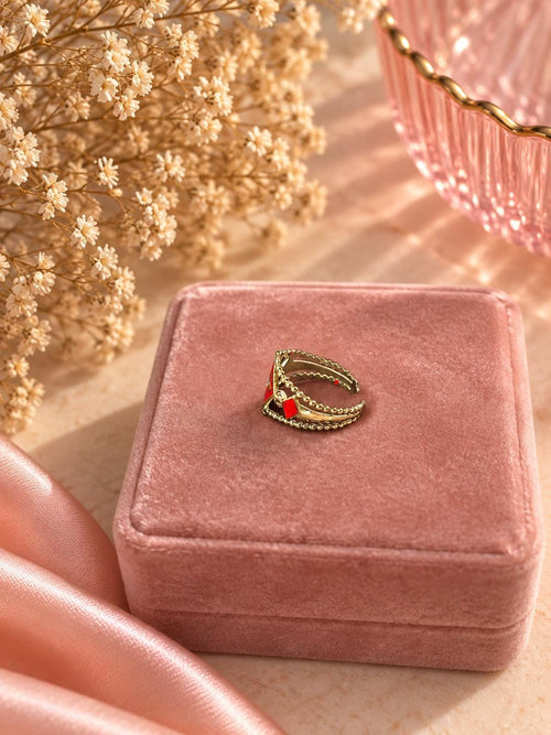 18K Gold Plated Adjustable Ring, Red Enamel Detail, Vintage Style Statement Ring