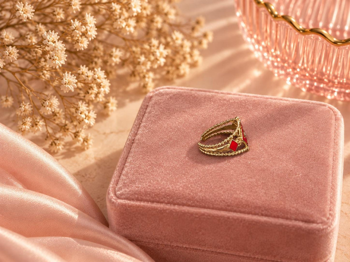 18K Gold Plated Adjustable Ring, Red Enamel Detail, Vintage Style Statement Ring