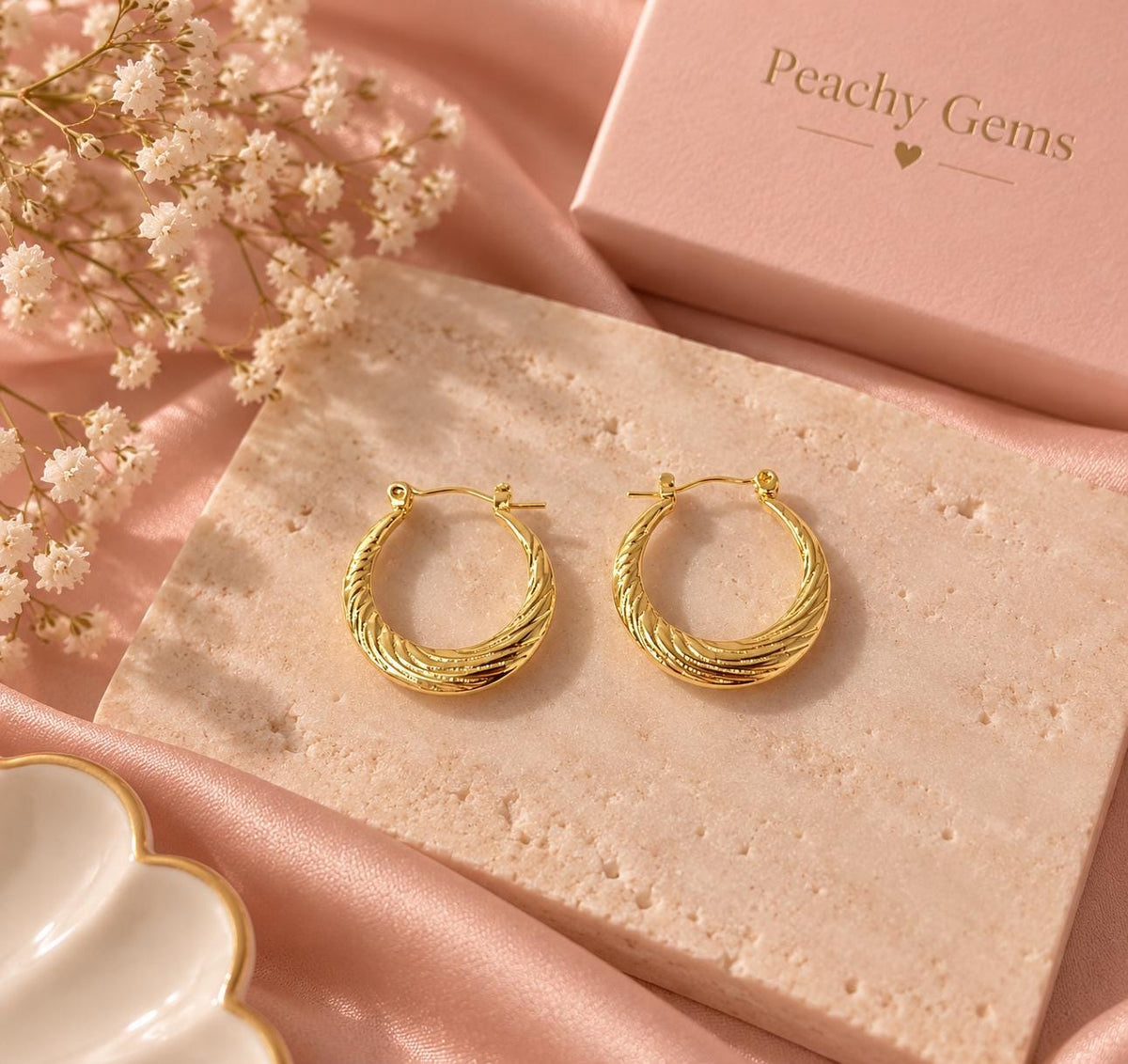 18K Gold Plated Textured Hoop Earrings, Vintage Inspired Statement Jewelry