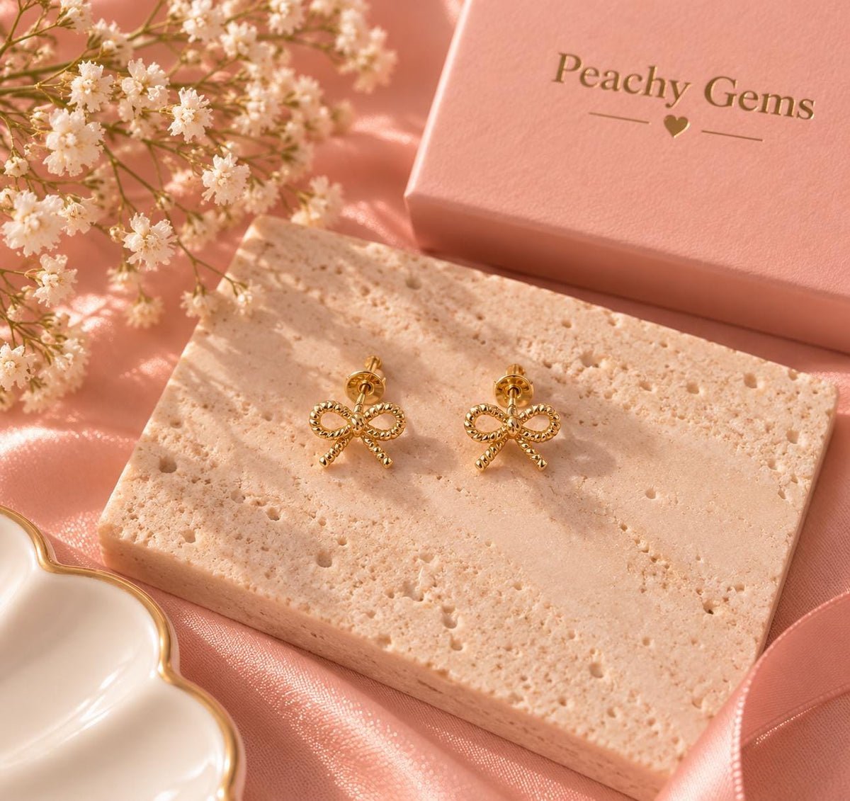 18K Gold Plated Bow Stud Earrings, Textured Ribbon Design, Dainty Coquette Jewelry